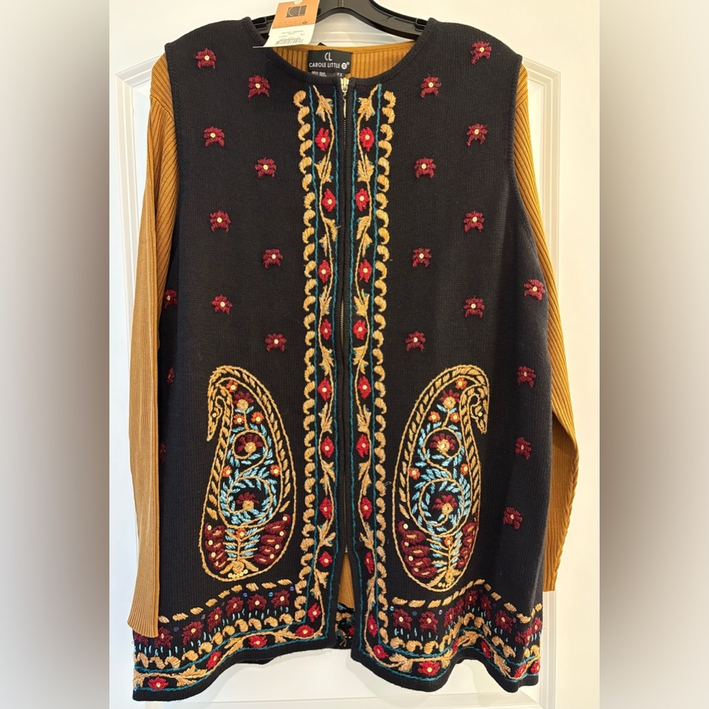 Embroidered Black and Gold Vest w Matching Ribbed Top to Wear Underneath
